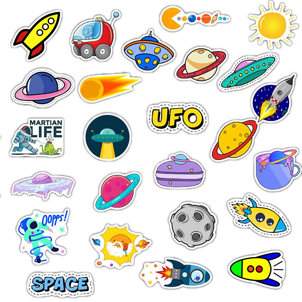 50 PCS UFO Alien Astronaut Outer Space Sticker Rocket Cartoon Skateboard Laptop Graffiti Sticker Waterproof Computer Sticker