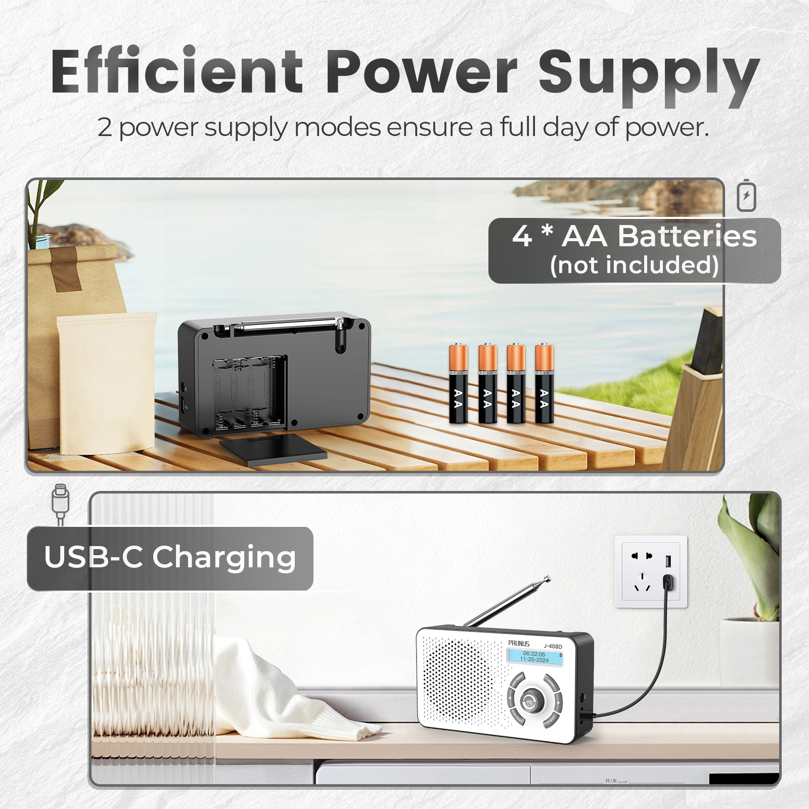 DAB / DAB+ / FM Digital Radio Receivers Portable Bluetooth speaker 3W Hi-Fi Stereo USB-C 2000mAh rechargeable for 4 AA battery