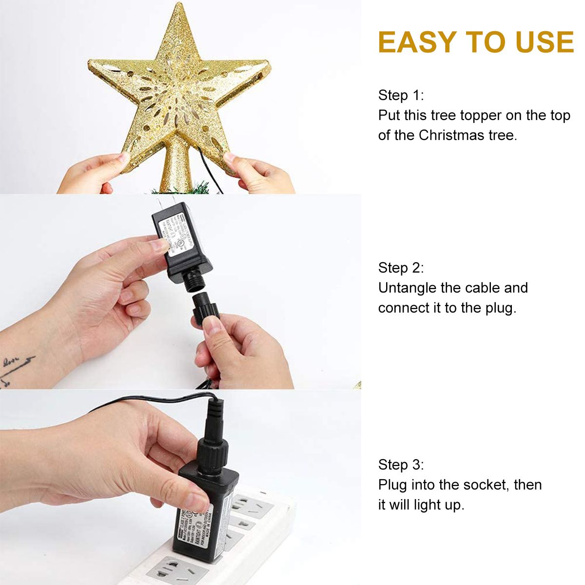 3D Glitter Star Lighted Christmas Tree Topper with Snowflake Projector Lighted Christmas Decorations for Tree EU Pulg