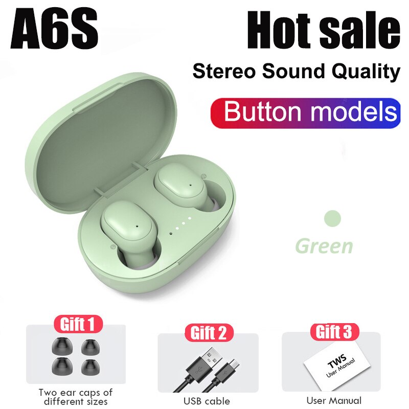 Écouteurs sans fil Bluetooth 5.0 A6S TWS, oreillettes de Sport, casque d'écoute stéréo avec Microphone, boîte de chargement, pour tous les Smartphones: Green with Box
