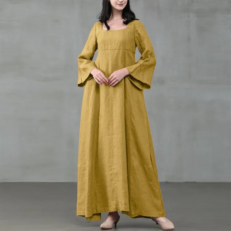 Robe medievale femme Costume palazzo coton lin été vittoriano Cosplay longue Maxi caftano Robe Carnevale di Halloween: S / YELLOW