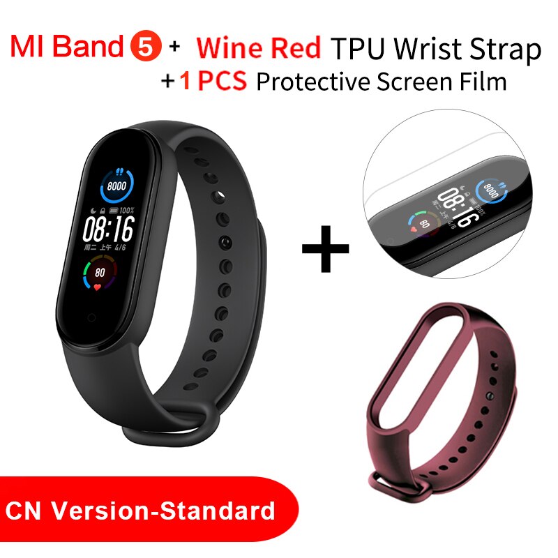 Xiaomi Mi Band 5 Smart Bracelet Sport cardiofrequenzimetro Fitness Tracker 1.1 "AMOLED schermo colorato Bluetooth 5.0 impermeabile Miband5: Add Wine Red Strap