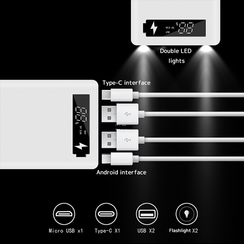 15000mAh Power Bank Shell Digital Display Powerbank Shell Micro Type-c Input Dual USB Port 5*18650 Battery Charger Box