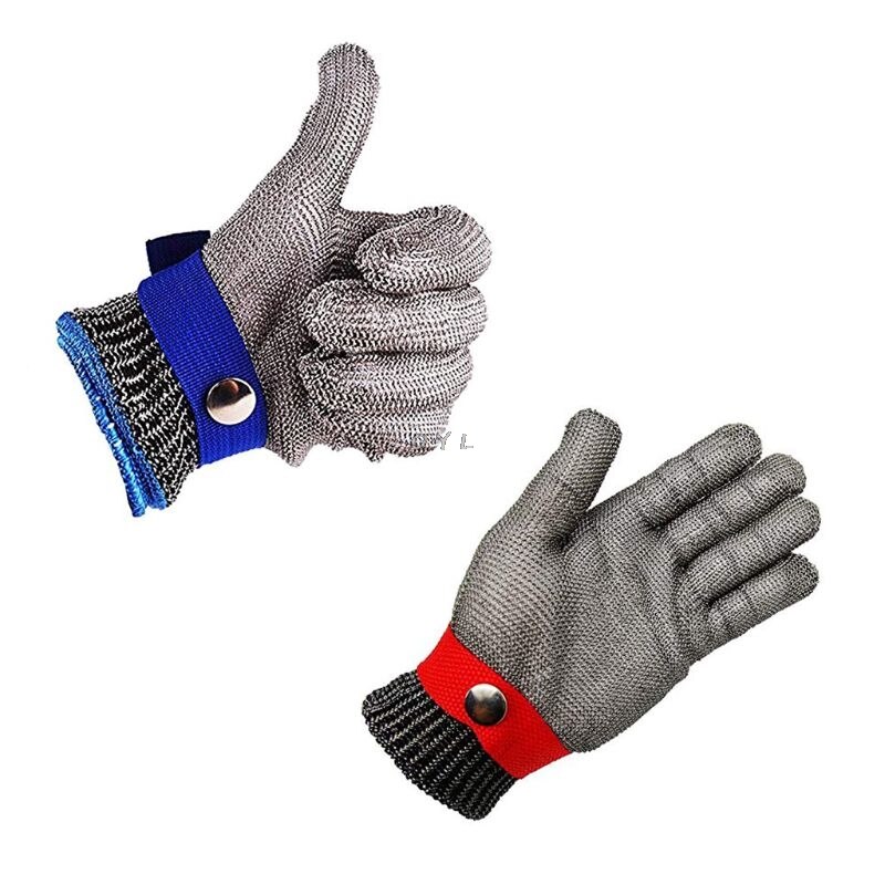 Guante de carnicero de malla metálica de acero inoxidable, resistente a Cortes, protección de alto rendimiento, nivel 5, azul y rojo