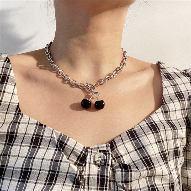 KMVEXO Gothic Sweet Cherry Pendant Necklaces Clavicle Chain Chokers For Women Girls Punk Summer Necklace Party Jewelry