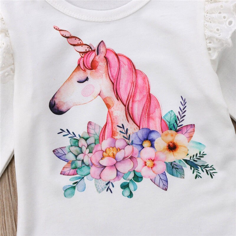 Neugeborenes Baby Mädchen Langarm Rüschen Einhorn Bodysuitoverall Nette Kleidung Kräuseln Outfits