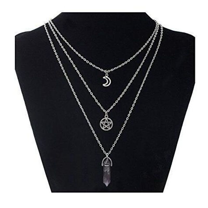 Natural Stone Hexagonal Column Supernatural Pentagram Necklace Wicca Choker Multi Layered Necklace Gothic Jewelry Women