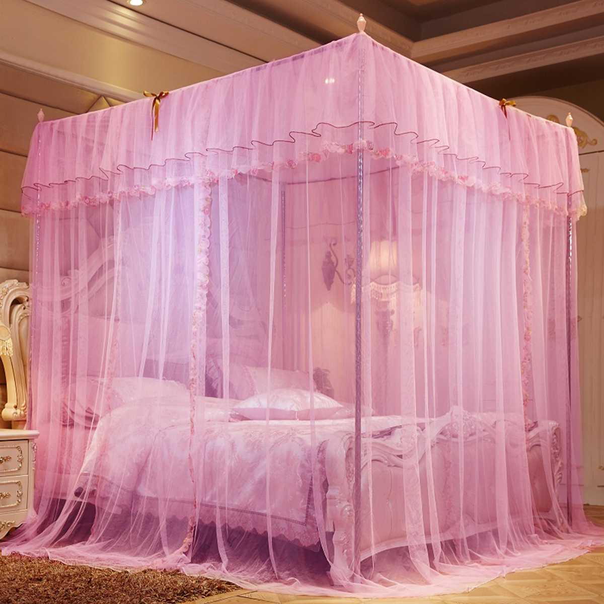 Estilo europeu 4 canto pós cama dossel mosquiteiro rede cheia cama decoração do quarto pendurado valance: Rosa