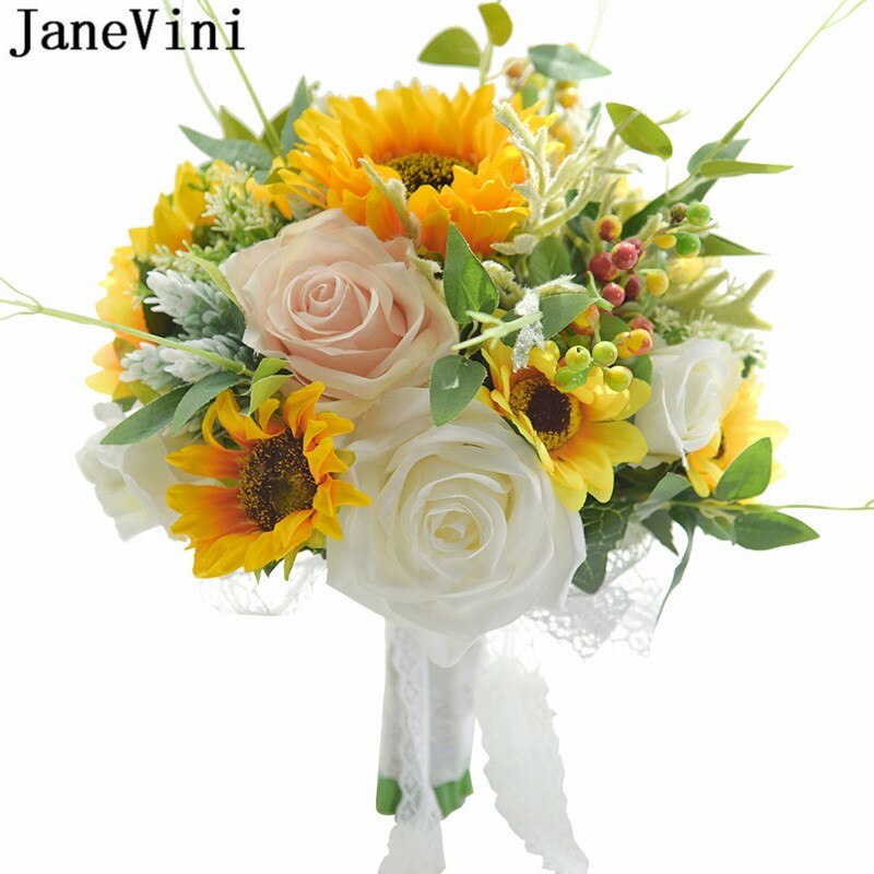 JaneVini – Bouquet de mariée tournesol jaune, fausses fleurs, feuilles vertes, roses artificielles, broches de mariée,