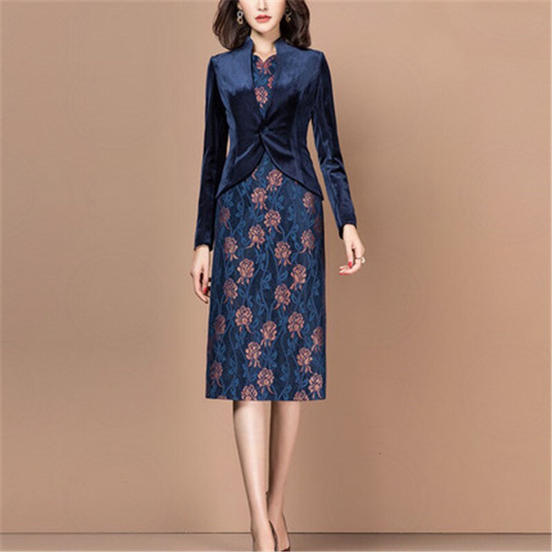 Otoño Invierno trajes mujer Oficina señora terciopelo Blazer chaqueta Floral impreso lápiz longitud de la rodilla vestido de dos piezas Set Ropa de Trabajo: XXL