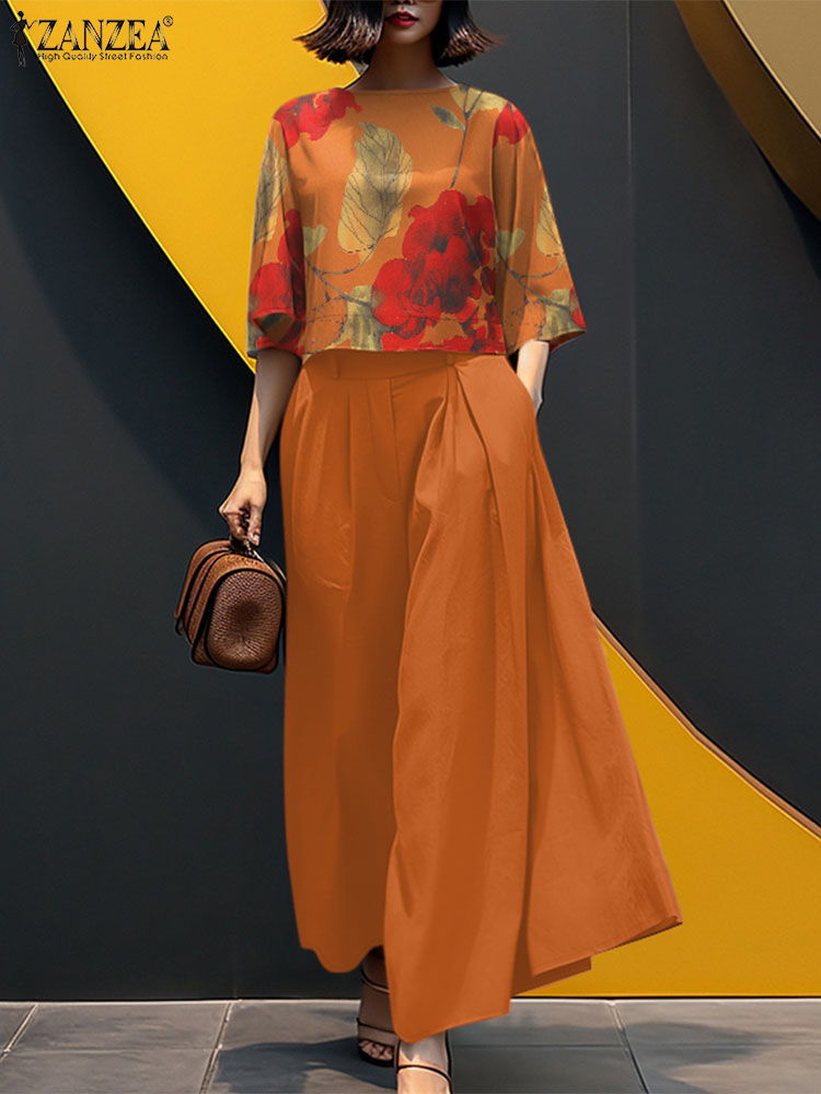ZANZEA Summer 3/4 Sleeve Printed Blouse Trousers Suit 2PCS Outfits Women Matching Sets Wide Leg Pant Sets: XXL / Yellow