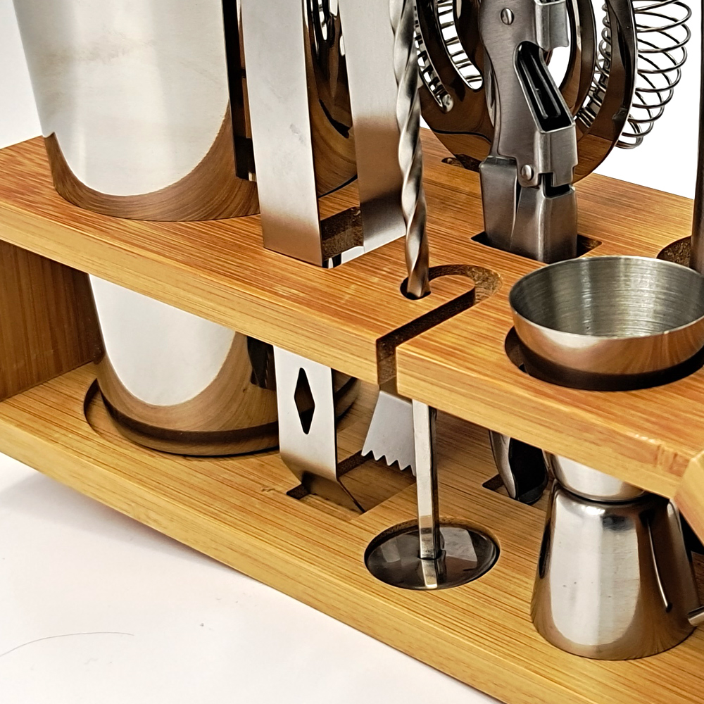 Bartender Kit， 10-Piece Cocktail Shaker Set Bamboo Trapezoid Stand， For Mixed Drinks Martini Home Bar Tools Set Stainless Steel