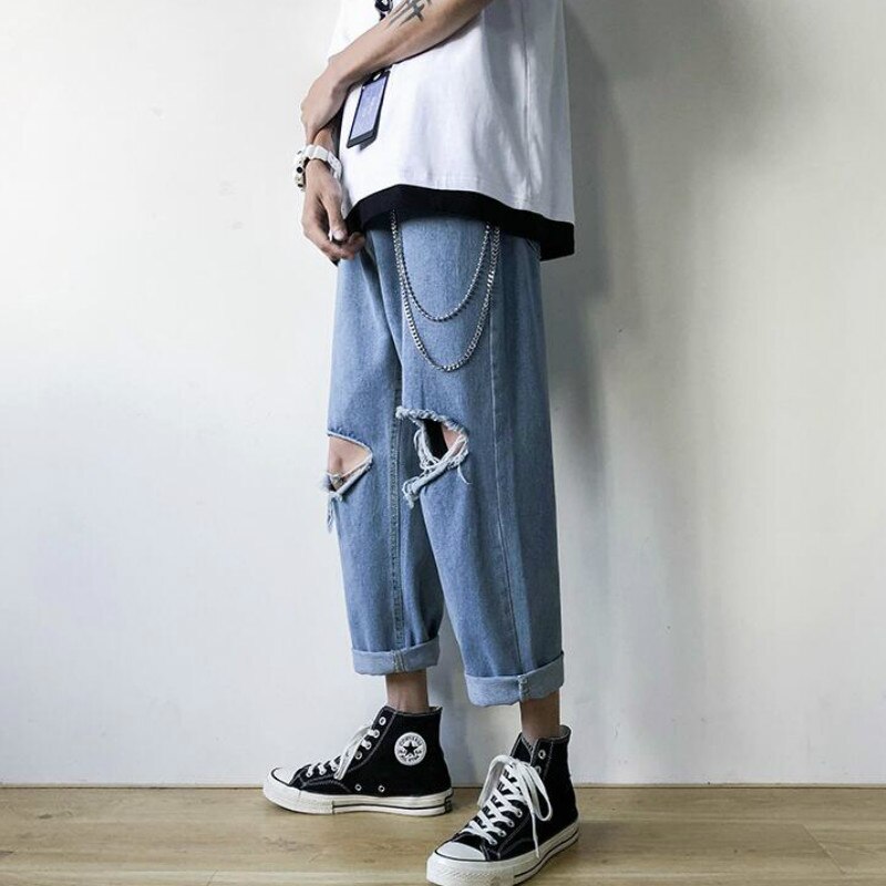 Homme jean cheville-longueur trou ample déchiré droit tout-match pantalon stylé Street-wear style coréen hommes loisirs Chic