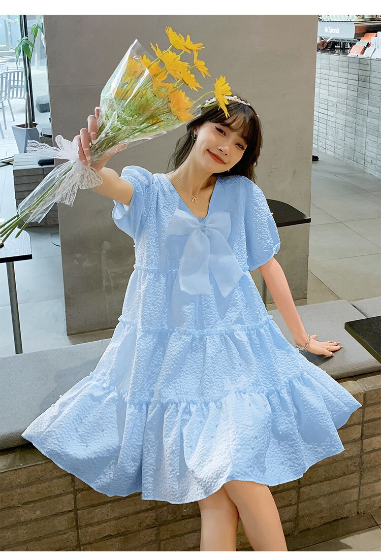Vestido de estilo francés para mujer embarazada, ropa de maternidad con manga Hubble, Burbuja, cuello en V, Princesa de hadas, lazo, vestido de baile