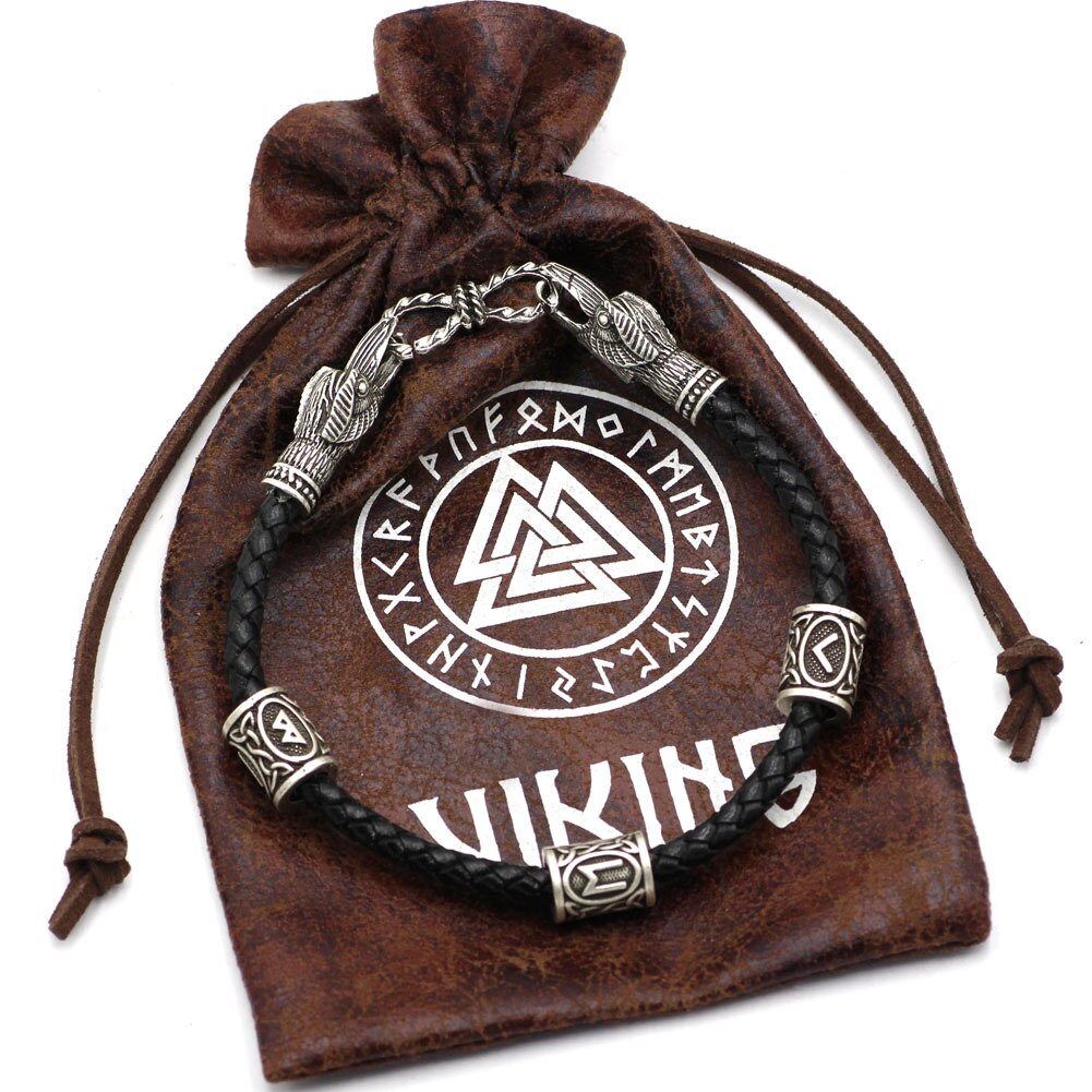 Viking Real Leather Amulet Odin Raven Bracelet with Viking Knot Amulet Bag In 3 Size Suite for Man and Women