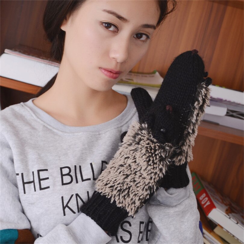 Yrrety kvinnor vinter tecknad handske igelkott handled stickade vantar varma tjocka handskar kvinnlig söta alla fingrar tjocka håll varma handskar: G014 svarta