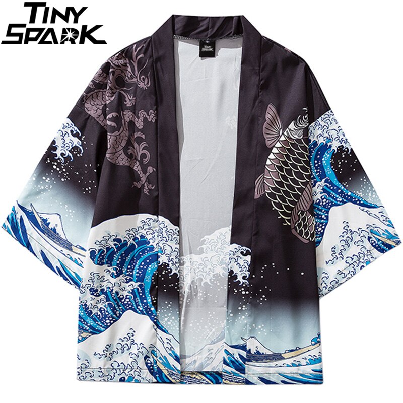 Chaqueta Kimono estilo japonés Kanagawa para hombre, ropa de calle de gran ola, Hip Hop, dragón Koi, pescado fino, estilo japonés,