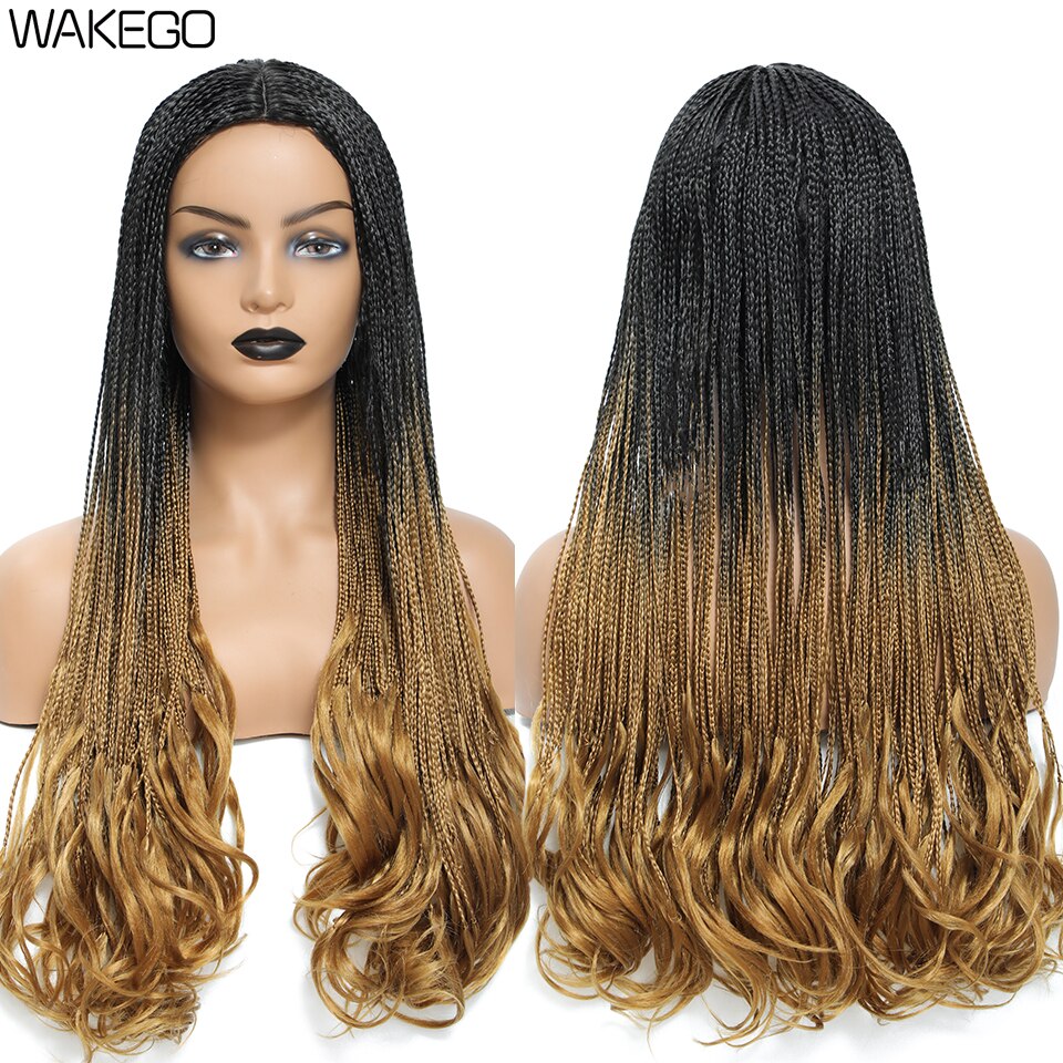 Wakego Wig Straight Box Braided Wigs With Wavy End For Women Daily Use perruque tresse africaine natte collée perruque pas cher: 1B 27 Color