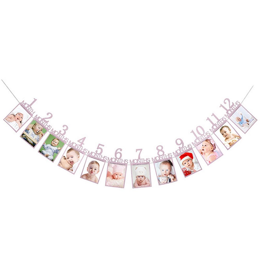 Babyfotobanner, baby's eerste jaar, verjaardagsdouche, papieren banner, baby's 1-12 maanden fotohokje, slinger, maandelijkse mijlpaal: Roze