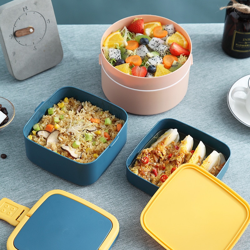 Portable Double-Layer Container Food Carrying Portable Lunch Box Student Bento Box Plastic Microwave Food Storage