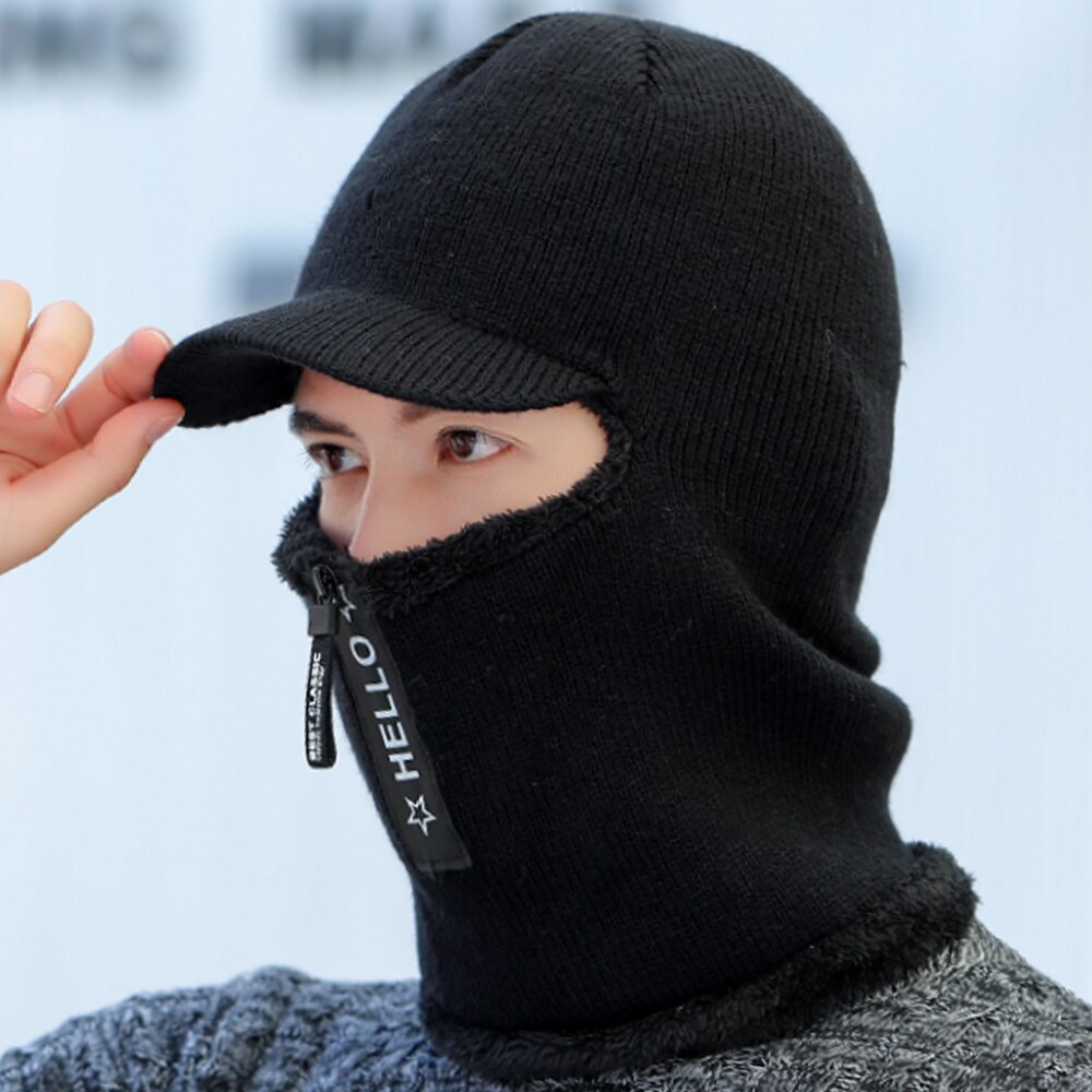 Herrmössor för höst och vinter ridning varma ullmössor herr blixtlås stickade mössor plus sammet (flexibla) varma vinterhattar: Svart