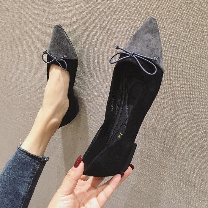 black/gray patchwork suede leather flat shoes woman pointed toe bowtie ballet flats big size 41 mules women slip on loafers