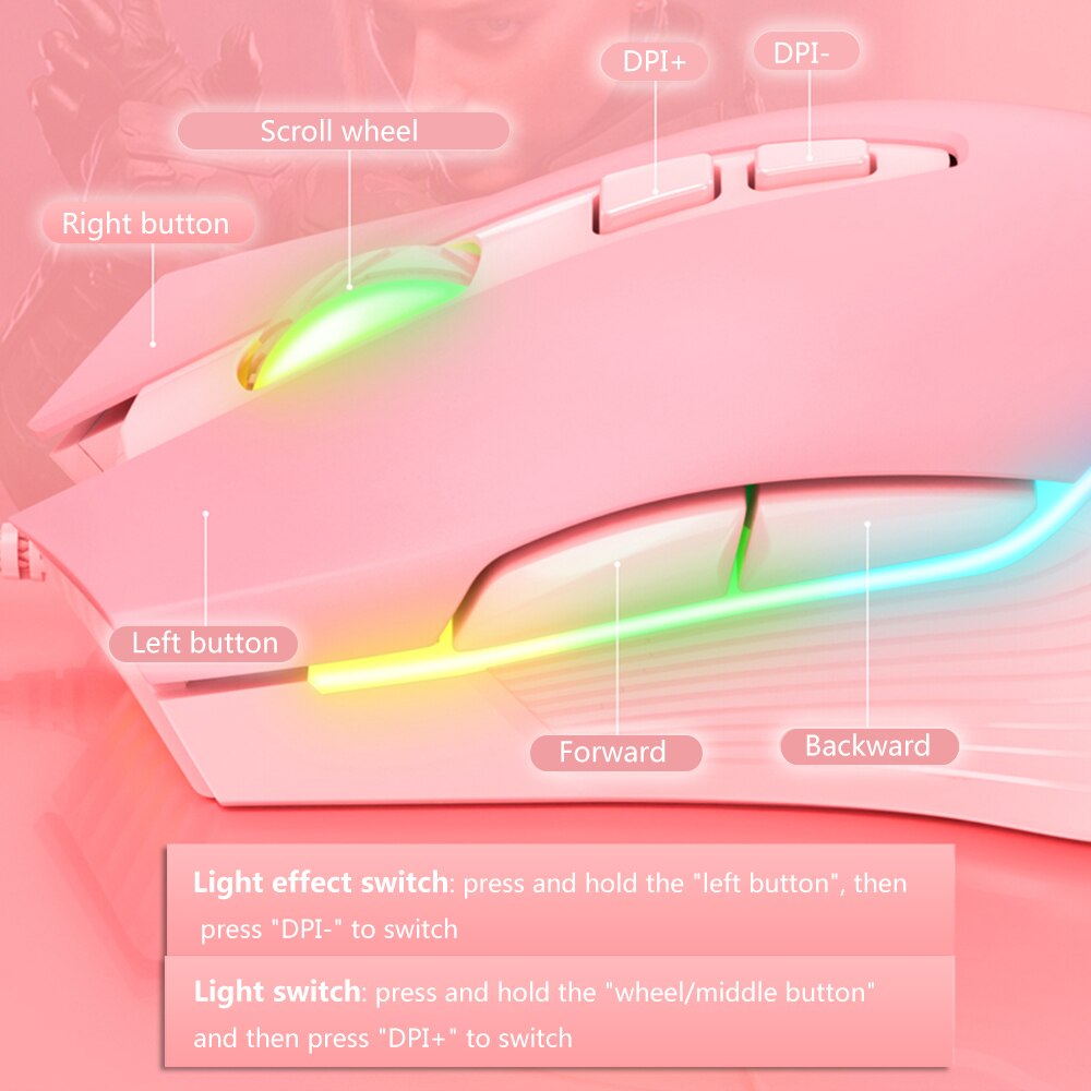 RGB Backlight Gaming Mouse, 6-Speed Adjustable 6400 DPI, USB Wired Pink Girl Game Dedicated Mice,For Laptop Computer Gamer