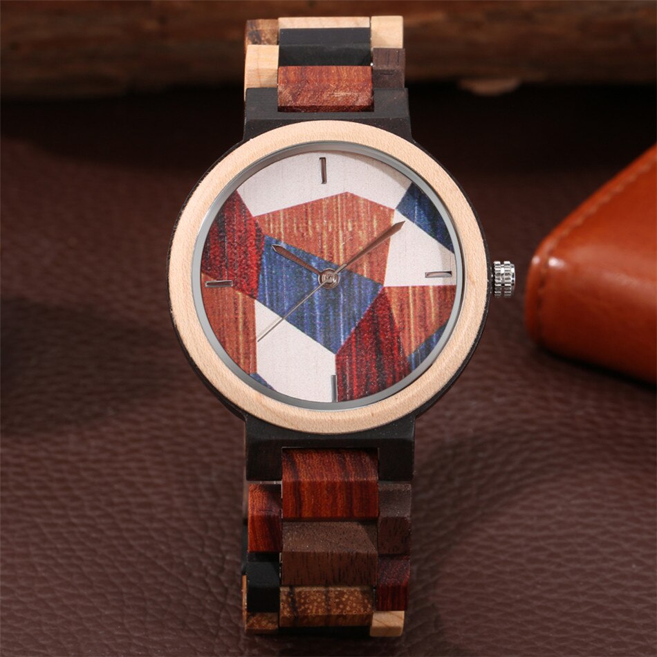 Gemengde Gekleurde Volledige Houten Mannen Horloge Chic Onregelmatige Patroon Ronde Dial Quartz Horloge Heren Hout Bangle Horloge Vouwsluiting