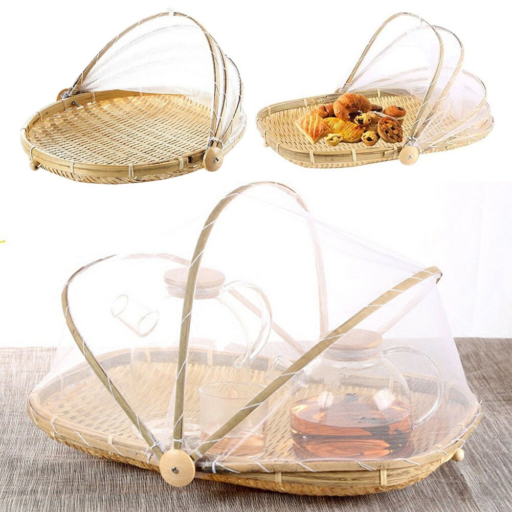 Bambustält korg handvävd bricka anti bug mat frukt behållare nät mesh lock picknick grillfest anti myggnät tält