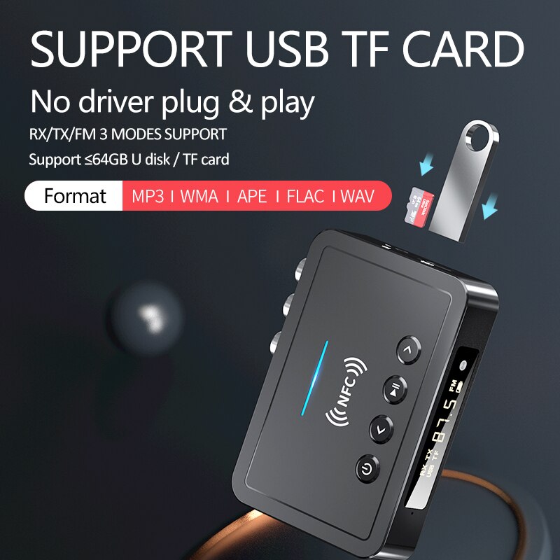 Bluetooth 5.0 empfänger/sender, fm-stereo-aux -3.5mm -klinkenanschluss, rca-optischer dongle, drahtloser nfc-audioadapter für tv, pc und kopfhörer