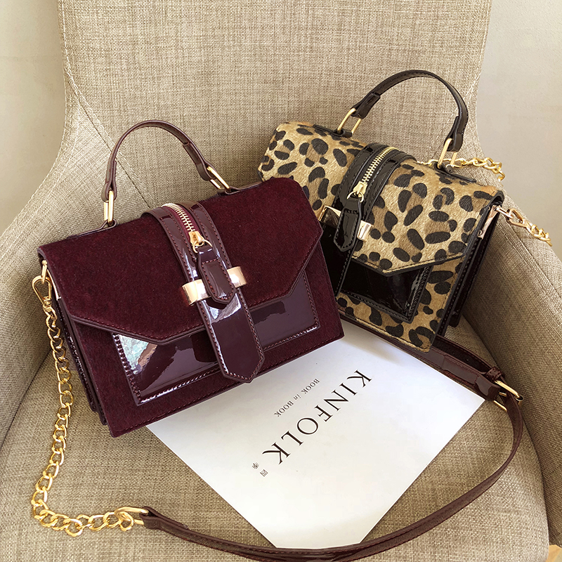 women's leopard PU leather shoulder bags lady solid black and burgundy crossbody chain handbags girl sling bags