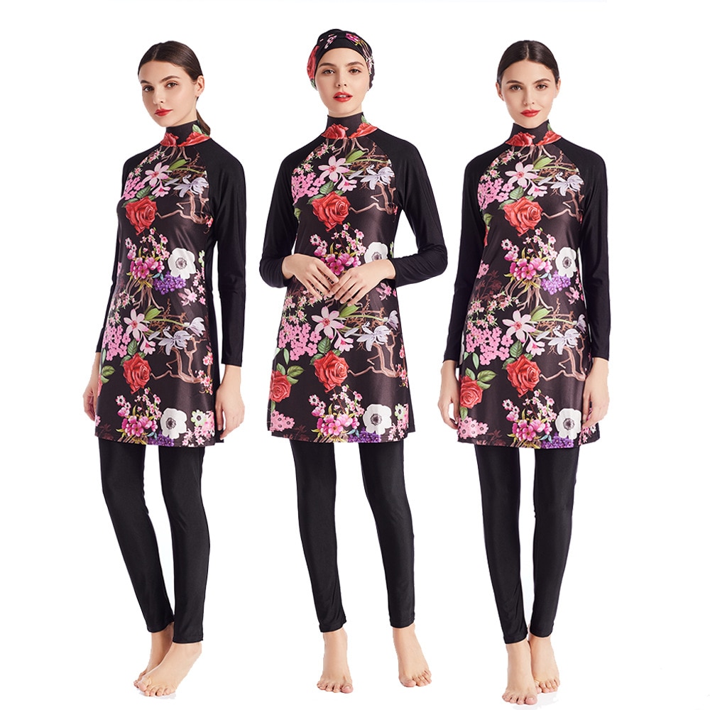 Muslim Swimwear Set - Long Sleeve Top & Pants - Modest Islamic Burqini - Colorblock