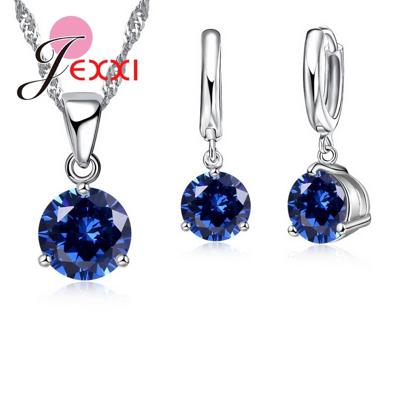 Crystal Necklaces Set 8 Colors 925 Sterling Silver Pendants Stud Earring Sets Women Cubic Zircon Jewelry