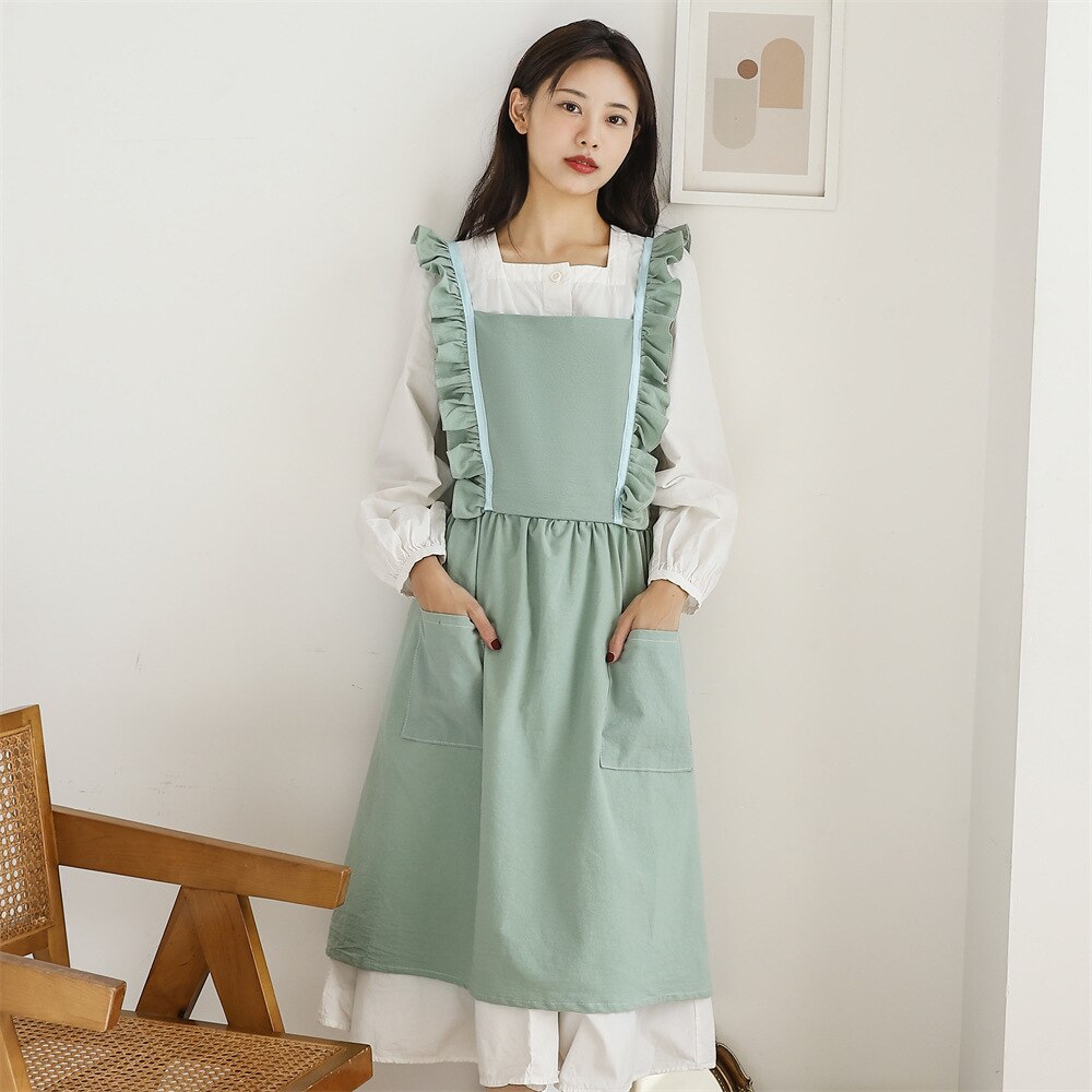 Neue Gewaschen Baumwolle Leinen Küche Schürze Für Kochen Backen Blume Einkaufen Rüschen Arbeit Sauber Schürze für Frau Uniform Dame Kleid