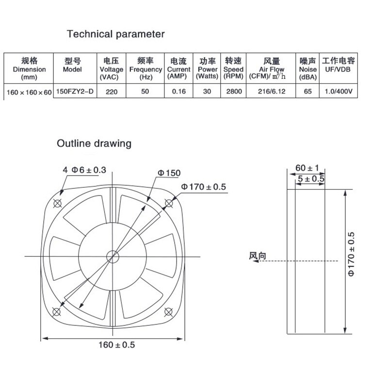 150FZY2-D Single Flange AC220V 30W Fan Axial Flow Fan Fan Electric Box Cooling Fan Wind Direction Adjustable