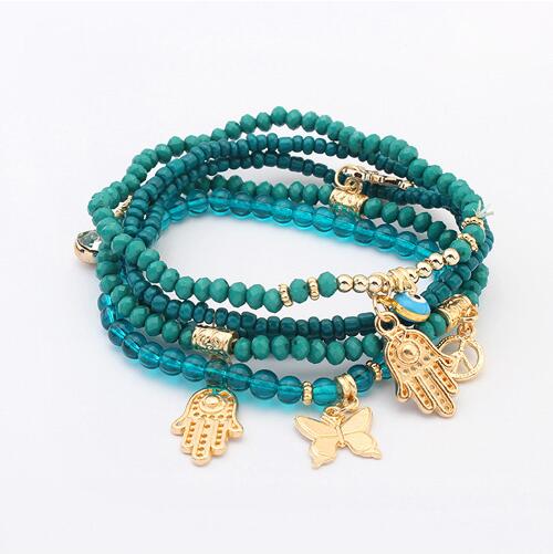 LEMOER chanceux kabbale Fatima Hamsa main bleu mauvais œil bracelets à breloques et bracelets perles multicouches turc Pulseras pour les femmes: green