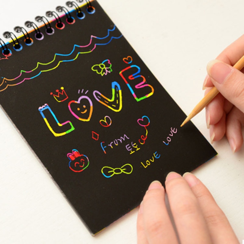 Scratch Paper DIY Painting Art Doodle Pad Children Educational Toys Drawing for Children Fun Kids Colorful Black with Wood Stick