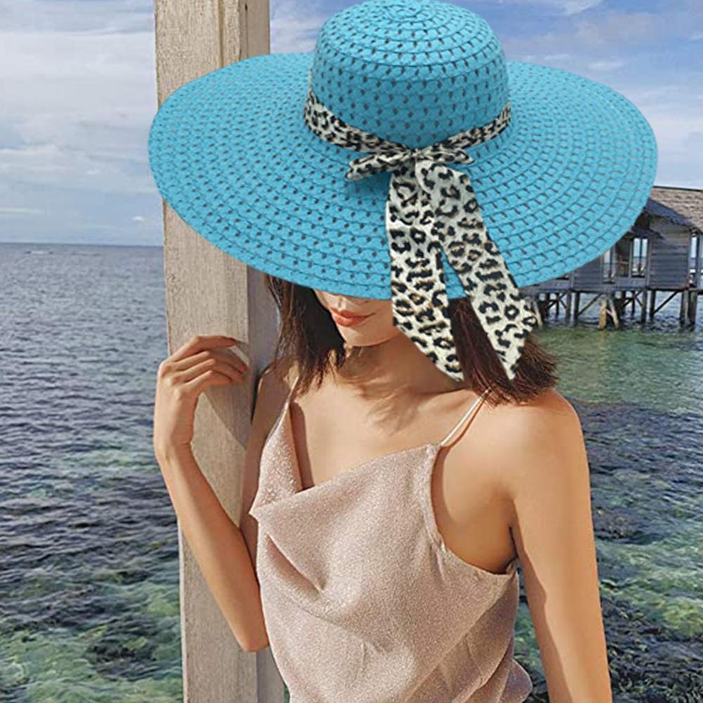 Chapeaux de Protection solaire pour femmes, couvre-chef de plage en paille fait à la main, style Boho décontracté, nœud papillon léopard, à large bord, été,