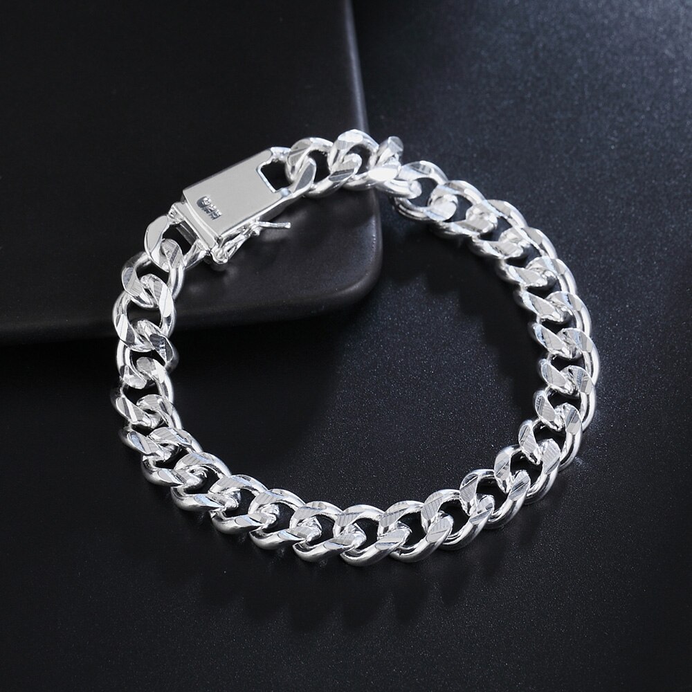 Exquisita Cadena de 10mm en color plateado para hombres y mujeres, cadena noble, pulsera de boda, abalorio de , de cumpleaños bonito para boda H091: H037 silver color