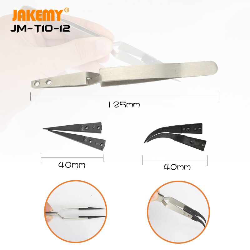 JAKEMY-Pinzas rectas antiestáticas reemplazables de precisión, JM-T10-12 con punta curva, herramienta de reparación DIY para desmontar teléfonos móviles