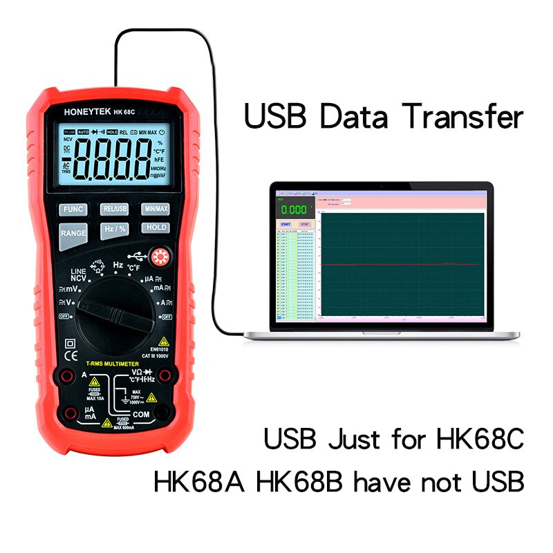 Honeytek usb multimeter sand-rms digital multimeter temperatur ac/dc voltmeter kontinuitetstest ncv multimeter
