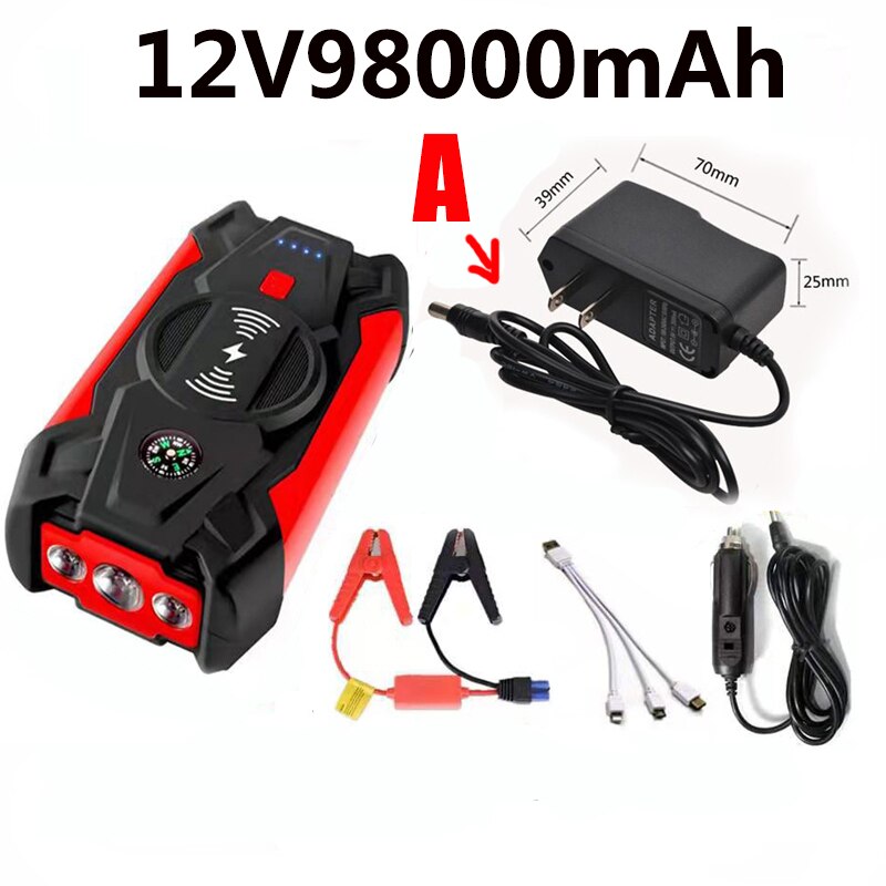 Démarreur de saut de voiture 12V, batterie Portable, Booster de chargeur, dispositif de démarrage de voiture Diesel: 12V98000mAh-A