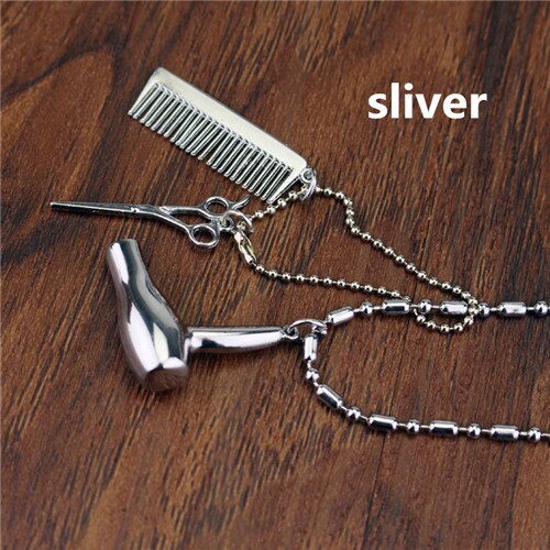 Barber Shop Pole Necklace Hair Dresser Tools 3D Barber Pole Razor Dryer Scissors Comb Hairdresser Pendants Necklaces Men Women: L silver