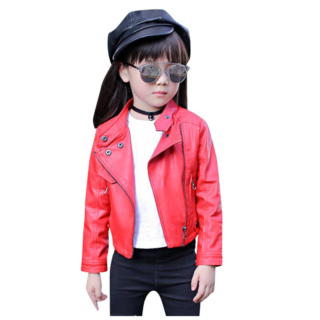 Kids Girls Leather Jackets Black Spring Leather Jackets Kids Girls Boys Solid Coats Children Motorcycle Jackets Coats#G30: Red / 7