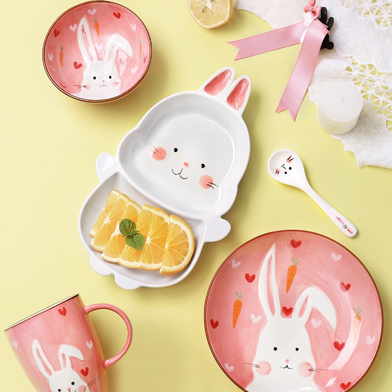 Children's Plate Set Of Rabbite Giraffe Baby Plate Dishes Ceramic Dineerware Set For Kids Bowl Plate Children's Cutlery