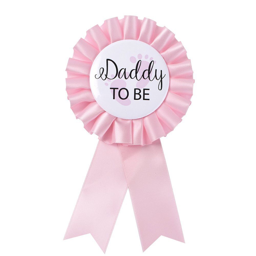 Daddy to be & Mom to be Tinplate Badge Pin - Baby Shower Button Dad Gender Reveals Party Baby Girl Pink Rosette Button: daddy to be