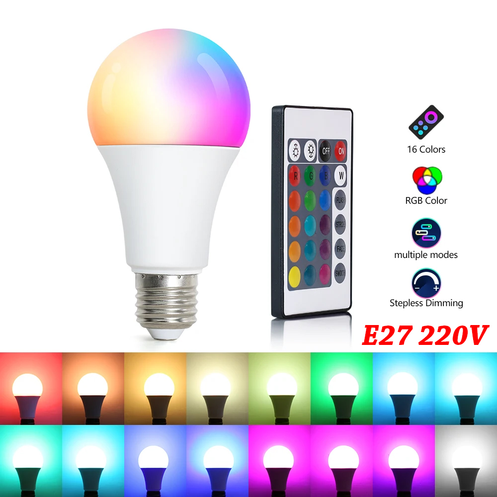 Bombillas LED AC 220V E27 RGB Bombillas lámpara LED IR Control remoto cambiable colorido RGB ampolas blancas foco bombilla Led
