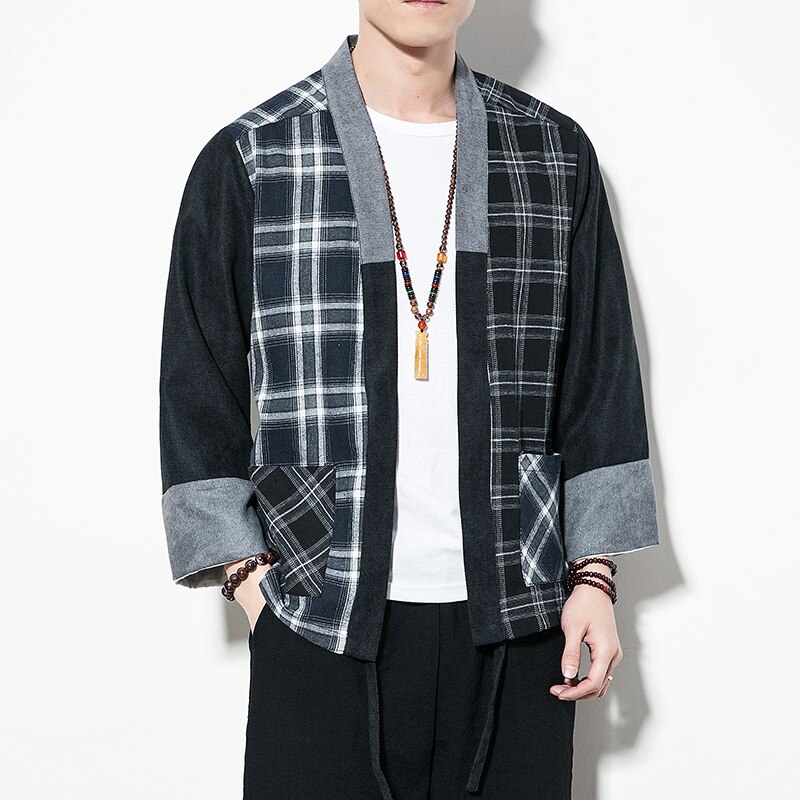 Rebeca a cuadros de color contrastante con costuras de estilo chino de verano, camisa Hanfu para hombre, ropa holgada China ligera y transpirable para hombre