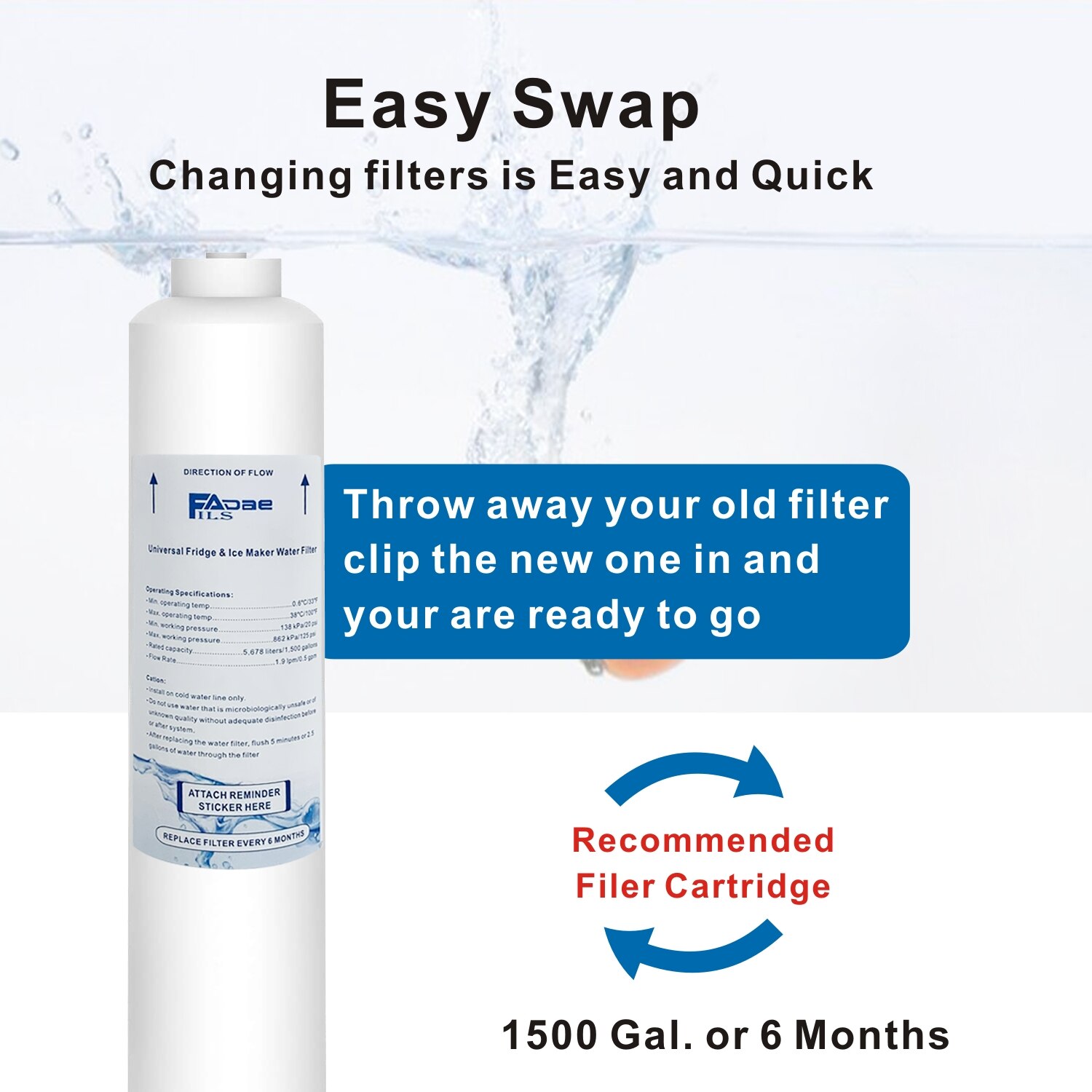 2 Pack of Universal Fridge and Icemaker Inline Water Filter 2"x10" with 1/4" Built-In Quick-Connect Fittings