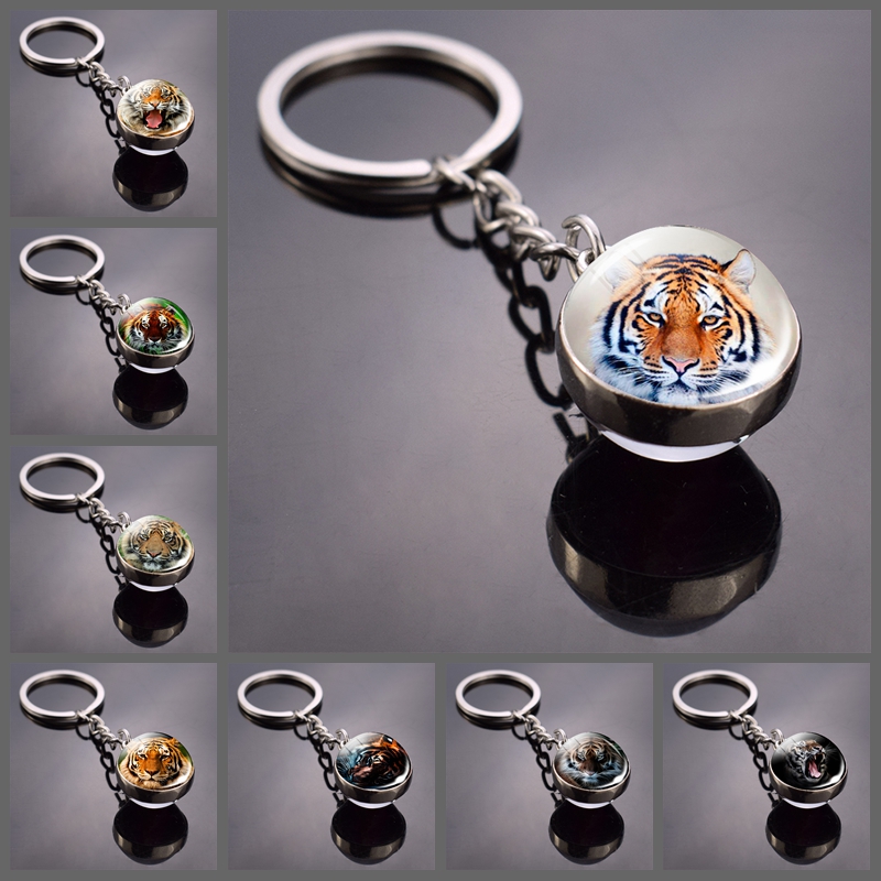 Tiger Keychain Animal Tiger Head Picture Glass Ball Key Chain Ring Keyfob Tiger Jewelry Valentine's
